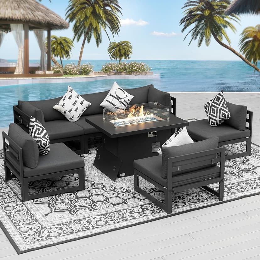 NICESOUL Modern Aluminum Outdoor Furniture Set with Propane/Gas Fire Pit, 29" Deep Seat Wide All Weather Outdoor Conversation Set, 7 Piece L-Shaped Modular Sectional Sofa for Poolside, Dark Gray