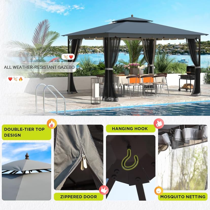 [Upgraded] 10x12 Gazebo with Mosquito Netting,Sturdy Metal Outdoor Patio Gazebo[Heavy Duty Frame],Gazebos Canopy Tent with Dual Air Roof,Patio Canopy Gazebos,Wind Resistant/Waterproof for Deck