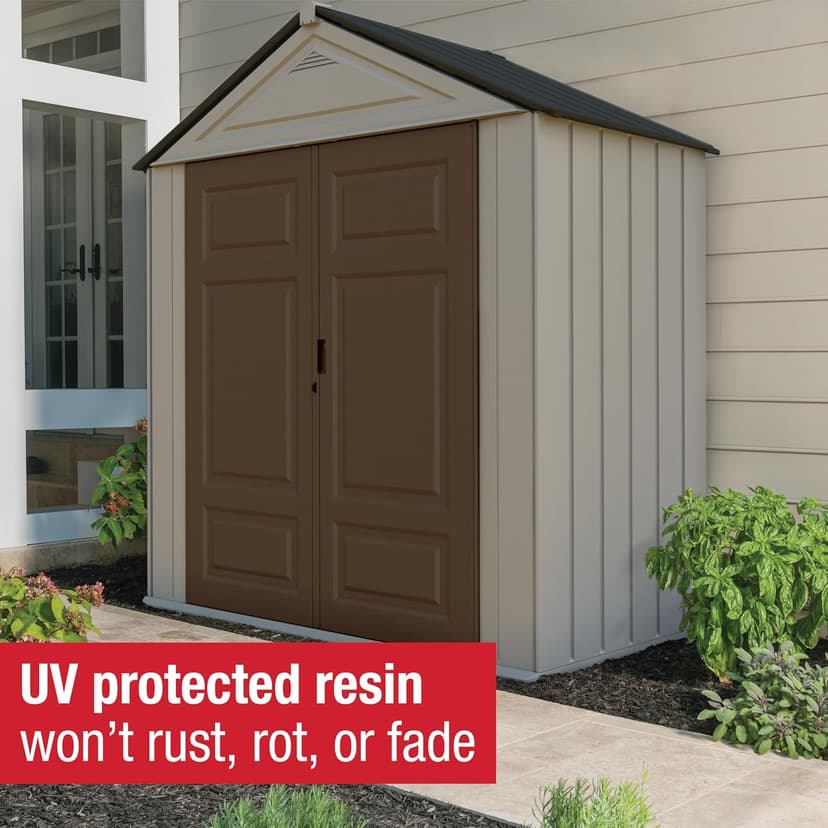 Rubbermaid Resin Outdoor Storage Shed With Floor (7 x 3.5 Ft.), Weather Resistant, Brown/Grey, Organization for Home/Lawn Mower/Backyard Equipment/Bike Storage/Pool Supplies