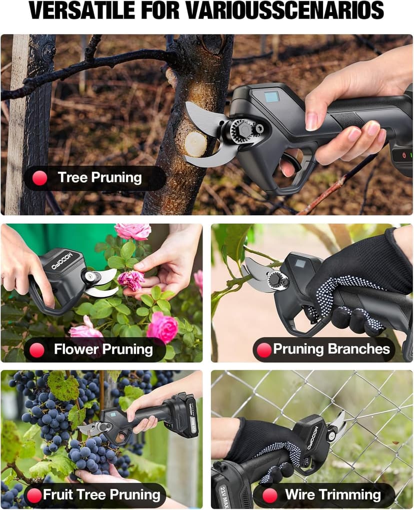 Upgraded Electric Pruning Shears, 1.6" Cutting Diameter Cordless Pruner with LCD Display, Brushless Motor, 2×2.0Ah Rechargeable Batteries & Extra Blade for Garden Trees and Branches