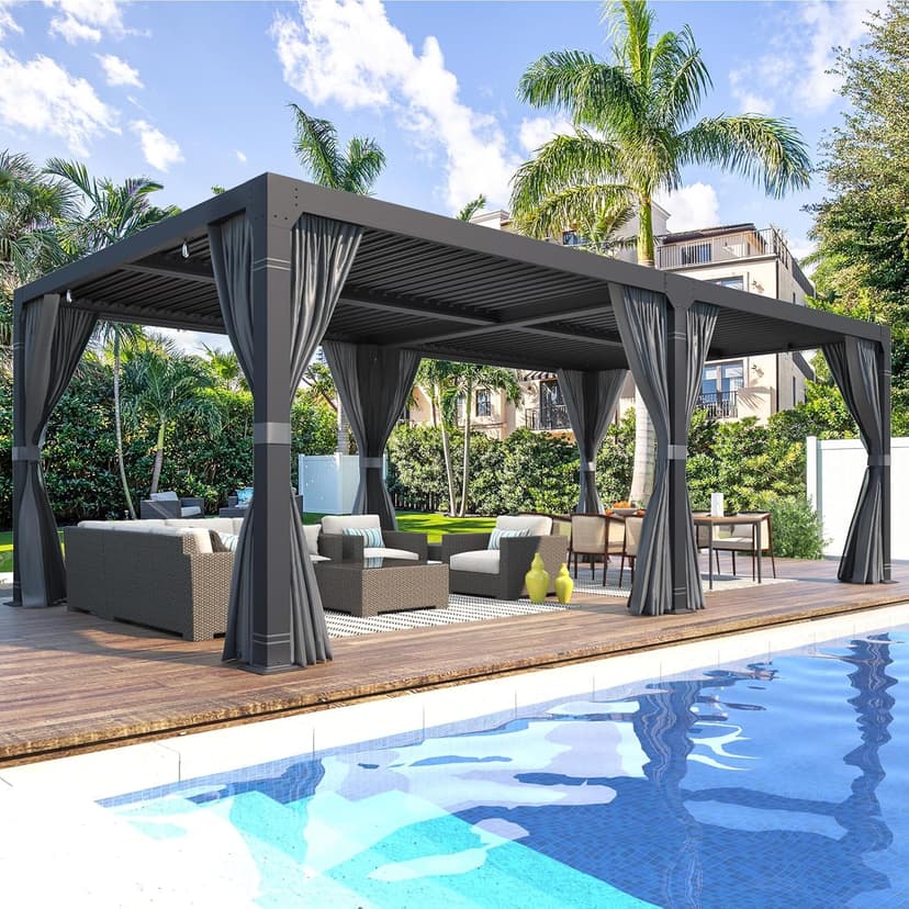 MELLCOM Louvered Pergola 12x24, Aluminum With Adjustable Roof, Outdoor With Waterproof Curtains and Nets, Dark Grey