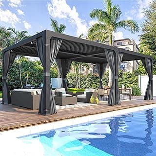 MELLCOM Louvered Pergola 12x24, Aluminum With Adjustable Roof, Outdoor With Waterproof Curtains and Nets, Dark Grey