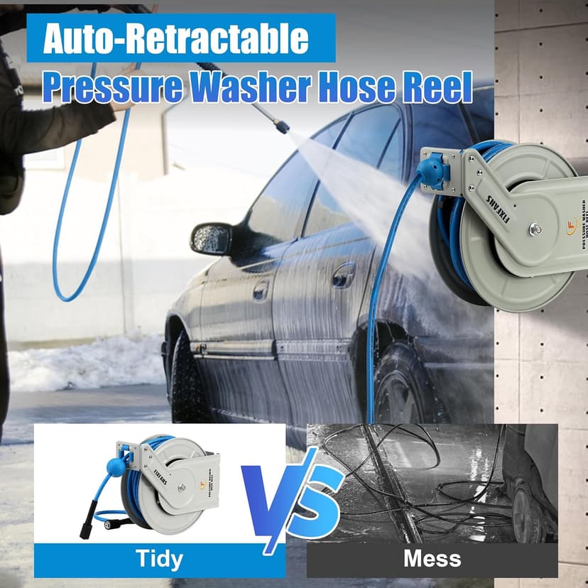Pressure Washer Hose Reel with Hose, 1/4" × 60ft Retractable Power Washer Hose Reel, Heavy Duty Hose Reel Auto Rewind, Wall Mounted, 3600 PSI