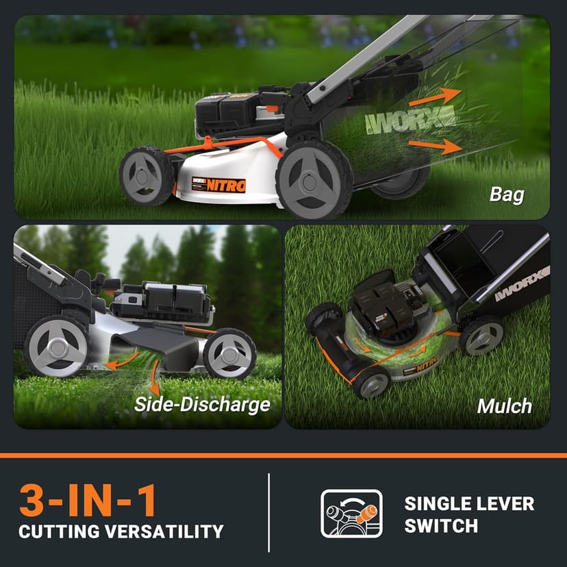 WORX Nitro 80V Cordless Lawn Mower, Electric Mower with Brushless Motor, 3-in-1 Self-Propelled Lawn Mower WG761-4 Batteries & Basecamp Charger Included