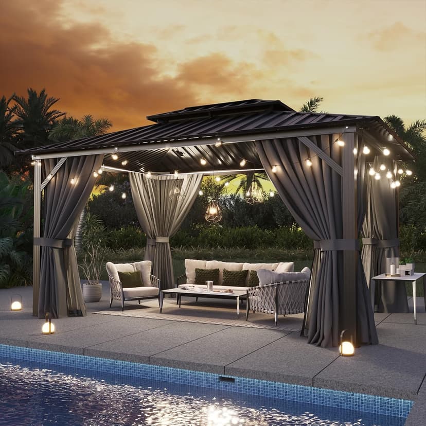 Aoxun 10'x12' Hardtop Gazebo, Aluminum Frame Canopy with Double Galvanized Steel Roof, Outdoor Metal Pavilion with Netting, Curtains for Backyard, Patio and Deck