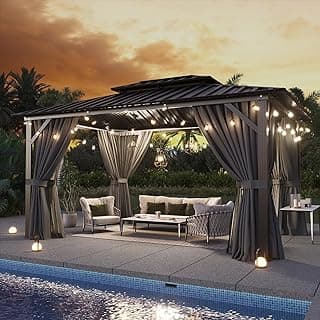 Aoxun 10'x12' Hardtop Gazebo, Aluminum Frame Canopy with Double Galvanized Steel Roof, Outdoor Metal Pavilion with Netting, Curtains for Backyard, Patio and Deck