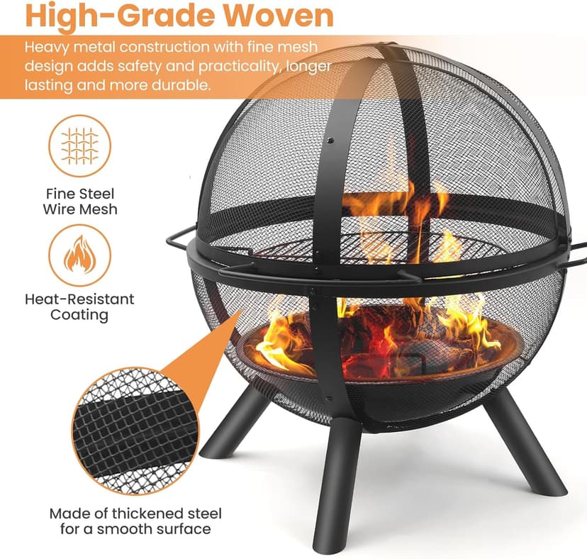 Ikuby Ball of Fire Pit 35" Outdoor fire with BBQ Grill Globe Large Round Pit,Patio Fireplace for Camping, Heating, Bonfire and Picnic