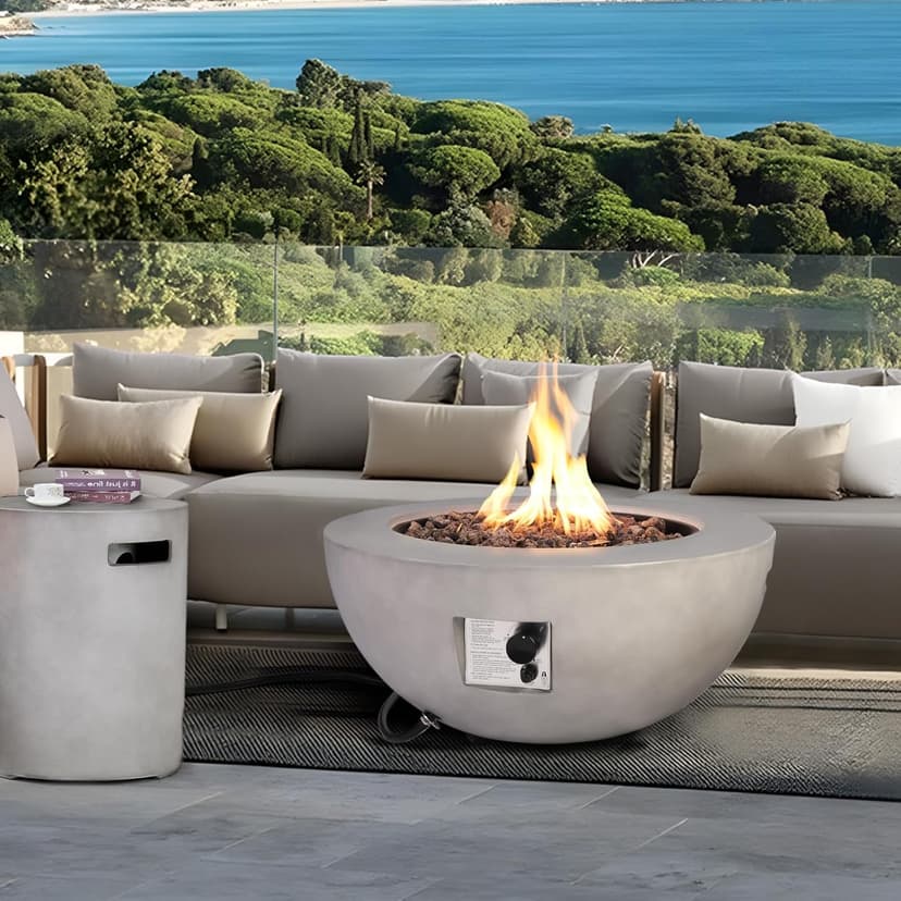 31.5 Inch Outdoor Propane Fire Pit Table 2-Piece 50,000 BTU Gas Fire Pit Concrete Round Burner Tank Cover Fire Coffee Table with Lid for Garden,Deck-31.5" Grey