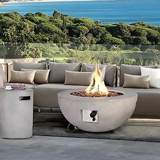 31.5 Inch Outdoor Propane Fire Pit Table 2-Piece 50,000 BTU Gas Fire Pit Concrete Round Burner Tank Cover Fire Coffee Table with Lid for Garden,Deck-31.5" Grey