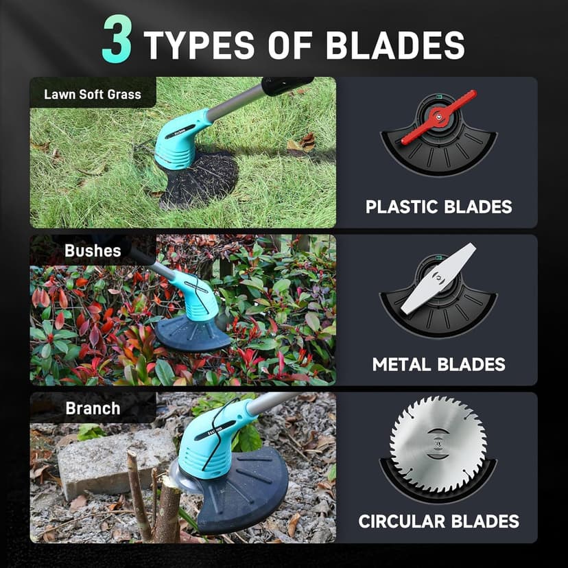 Cordless Lawn Trimmer Weed Wacker - HooSeen 12V Grass Trimmer Weed Cutter with 3 Types Blades, Hand Weeder, 2.0Ah Li-ion Battery Powered Weed Trimmer Grass Cutter for Garden and Yard