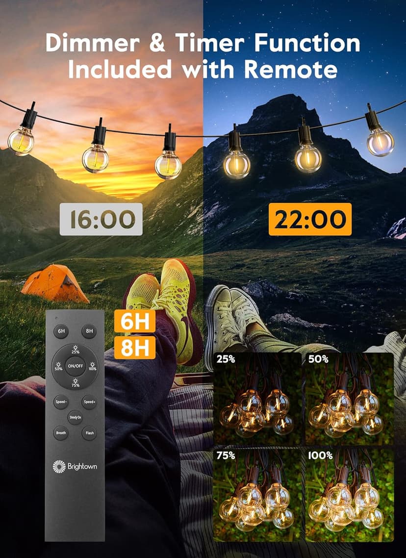 Brightown 38Ft Outdoor String Lights with Remote & 15 Shatterproof LED Bulbs - Waterproof Patio Hanging Lights for Porch Balcony Bistro Cafe