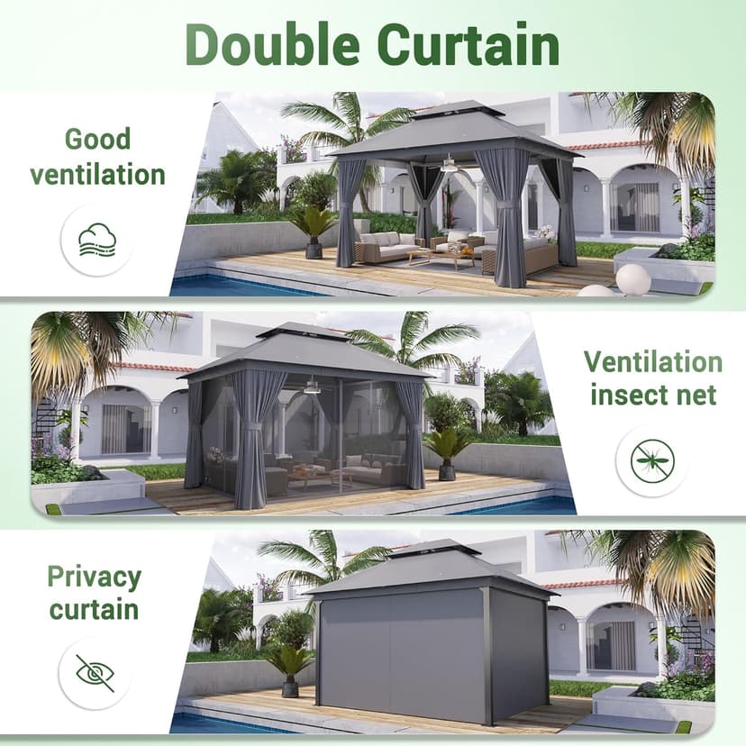 oneinmil 12' x 10' Hardtop Gazebo with Netting and Curtains, Outdoor Gazebo with Aluminum Frame, Heavy Duty Polyester Fabric Double Roof Canopy Party Tent for Patio, Backyard, Lawn, Gray