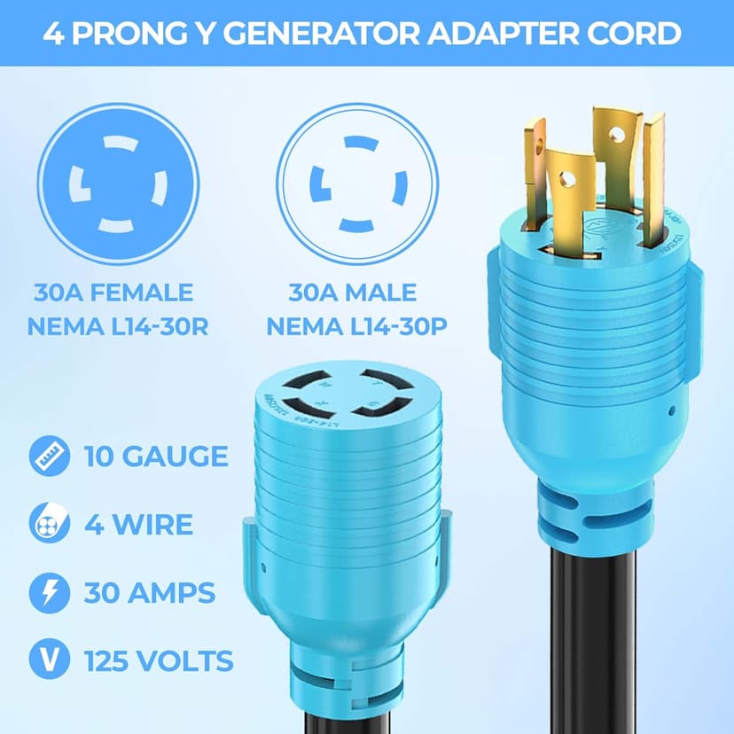 CircleCord 4 Prong 30 Amp Generator Splitter Y Adapter, NEMA L14-30P to 2X L14-30R, 10 AWG SJTW for Manual Transfer Switch, Generators, 125/250V 7500W