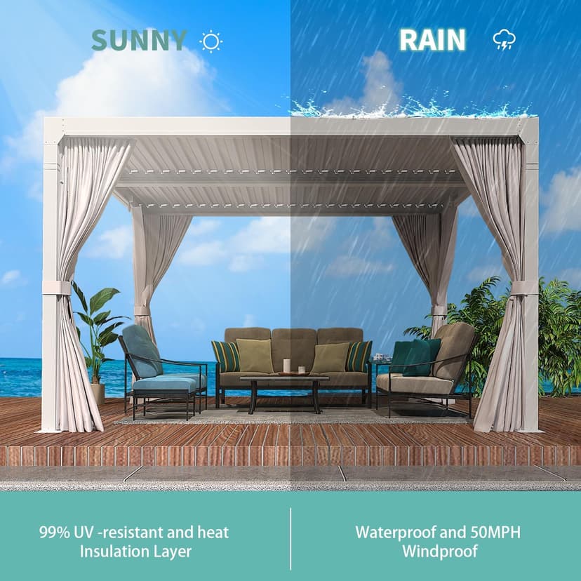 YOLENY Louvered Pergola 12x12, All Aluminum Pergola with Adjustable Rainproof Roof, Outdoor Pergola with Curtains and Nets for Patio & Garden, White