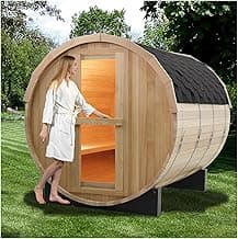 Smartmak Outdoor Wood Barrel Sauna Room, 2-4 Person Canadian Hemlock Garden Traditional Wooden Saunas with Canopy, 220V Steam Spa with 4.5 kw Heater, Rocks, Water Bucket, Spoon, Light