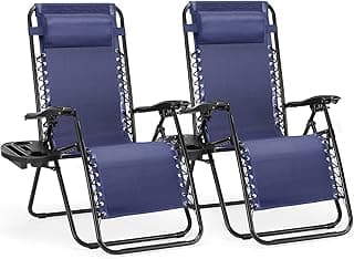 Sweetcrispy Zero Gravity Chairs, Set of 2 Portable Recliner Beach Camping Patio Outdoor Folding Lounge Chair with Cup Holder Trays and Adjustable Pillow for Poolside, Garden, Backyard, Lawn (Blue)