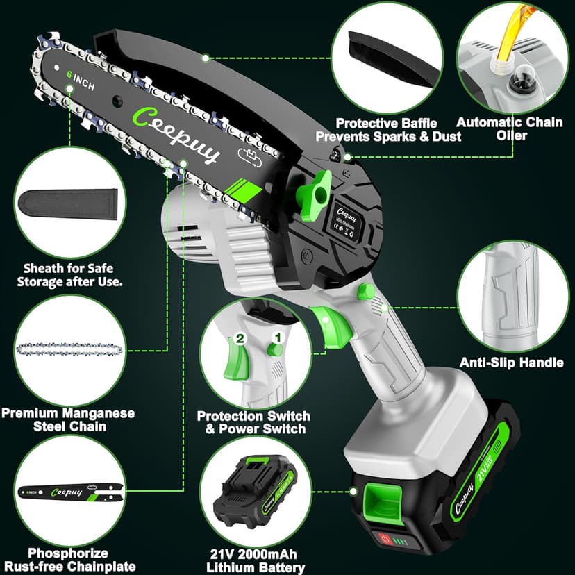 Mini Chainsaw Cordless,6 Inch Portable Electric Chain Saw w/ Automatic Oiler, Battery Powered Small Handheld Saw w/ Security Lock Trees Branches Trimming, Wood Cutting, 2 Batteries 3 Chains