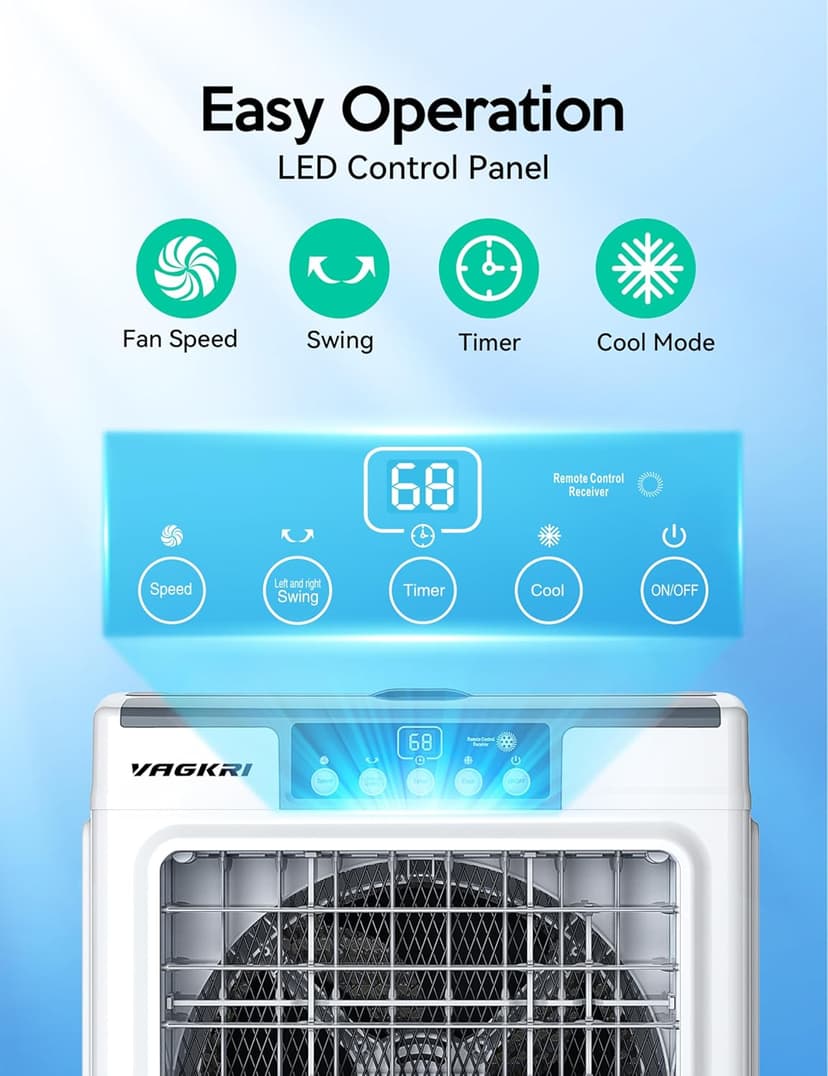 Evaporative Cooler, VAGKRI 2100CFM Air Cooler, 120°Oscillation Swamp Cooler with Remote Control, 24H Timer, 3 Wind Speeds for Outdoor Indoor Use,8 Gallon