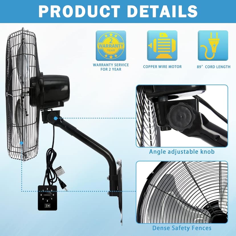 Wall Mount Fan Oscillating,Industrial Heavy Duty Metal 3 Speed Fan,20 Inch High Velocity Adjustable Tilt,Use for Garage, Shop,Warehouse, Patio, Factory and Homes.
