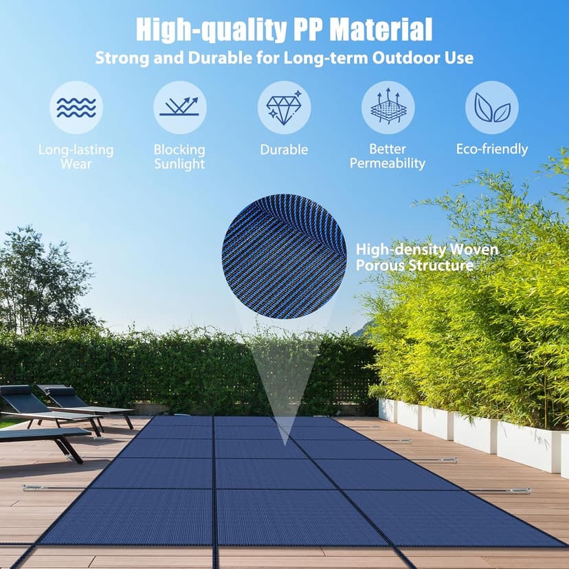 Inground Pool Cover Safety Fits Rectangle Swimming Pool, Mesh Solid Pool Cover for Inground Pools,Winter Pool Safety Cover Includes Safety Net and Installation Tools Blue (Blue, Fits 18x36ft Pools)