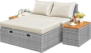 Flamaker Outdoor Rattan Lounge Chair with 2 Side Tables, Multifunctional Outdoor Patio Daybed with Footrest, Cushions, Storage Ottoman,Chaise Lounge Chair for Backyard Porch Poolside(Beige)
