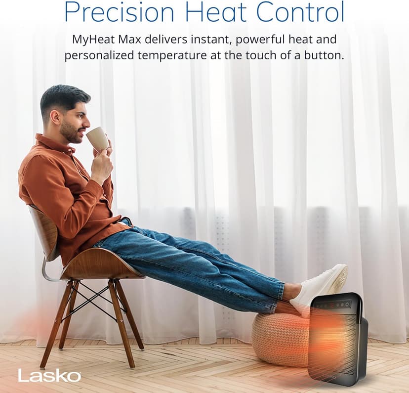 Lasko MyHeat Max Personal Ceramic Space Heater, Tip Over Switch, Overheat Protection, 2 Heat Settings, Adjustable Thermostat, Timer, for Indoor Use, Home, Office, 9 Inches, 1500W, Black, CD09101