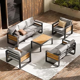 Aluminum Outdoor Patio Furniture Set, 5-Piece Metal Modern Outside Sectional Conversation Lawn Furniture with Coffee Table & Washable Thick Cushions,Seating Sofa for Garden/Backyard/Porch Grey