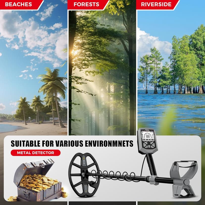 Metal Detector for Adults,12″ IP68 Waterproof Search Coil with High Accuracy System,Advanced DSP Chip Technology,5 Modes with LCD Backlit Display for Beach Hunting&Jewelry Finding