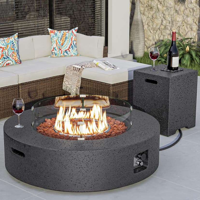 COSIEST 40.5-inch Outdoor Propane Fire Pit Coffee Table w Concrete Round Base Patio Heater, CSA Certified, 50,000 BTU Stainless Steel Burner, Free Lava Rocks, Rain Cover, Wind Guard, Tank Cover, Gray