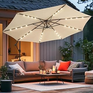 wikiwiki 10ft Solar LED Offset Hanging Market Cantilever Patio Umbrella for Backyard, Poolside, Lawn and Garden, Easy Tilt Adjustment, Polyester Shade & Cross Base, Beige