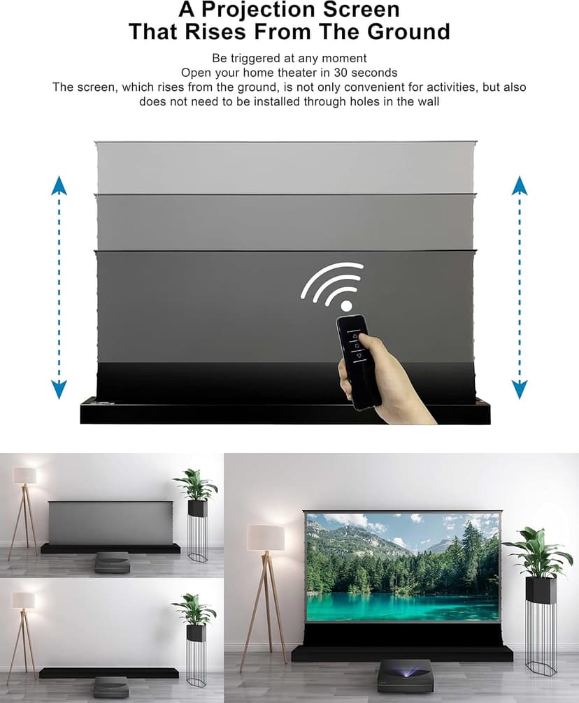 VIVIDSTORM Motorized Floor Rising UST ALR Projector Screen for Home Theater, Tensioned Wrinkle-Free Surface, Smart App and Voice Control, No Wall Mount Needed,VSDSTUST120H