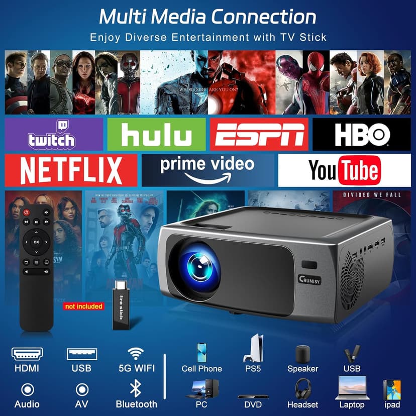 Projector with WiFi and Bluetooth, 4K Decode Outdoor Movie Use 500 ANSI Native 1080P with Auto Keystone HIFI Speaker, 270" Screen 50% Zoom Phone Mirror F410 Game Projector for HDMI/USB/PC/TV Stick/PS5