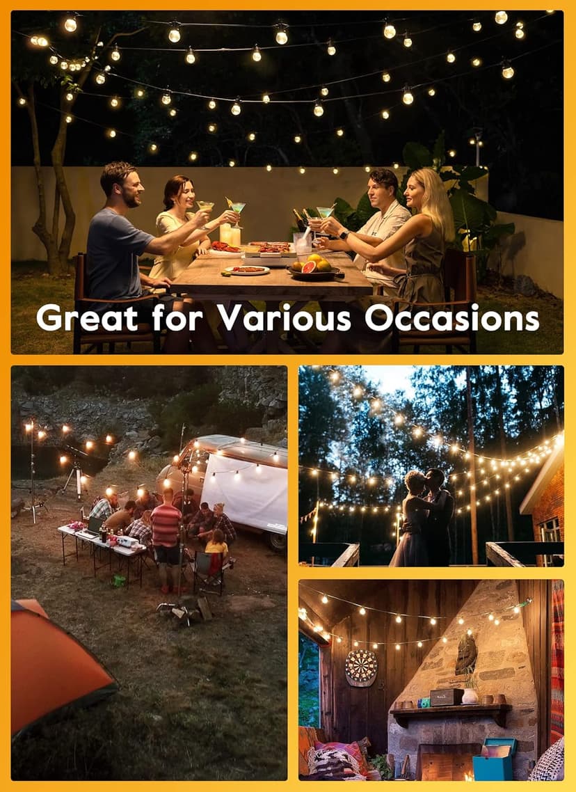 Brightown 38Ft Outdoor String Lights with Remote & 15 Shatterproof LED Bulbs - Waterproof Patio Hanging Lights for Porch Balcony Bistro Cafe