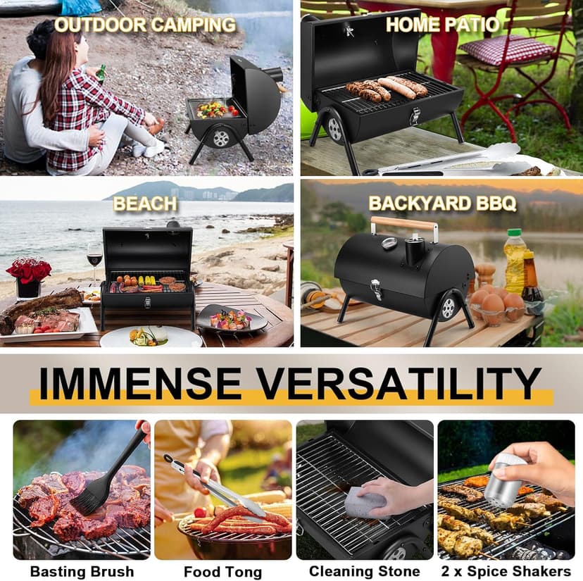 Joyfair Portable Charcoal Grill Set, Small Tabletop Barbecue Grill with Accessories Tools for Outdoor Camping BBQ Grilling Backyard Party Cooking, Heavy Duty & Innovative Design, Thermometer & Chimney