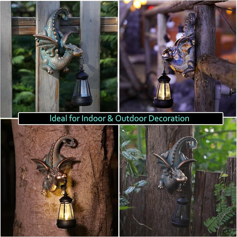 Dragon Solar Garden Statue - Gothic Outdoor Wall Hanging Decor with Solar Light, Fantasy Dragon Figurine for Patio, Yard, or Tree - Unique Whimsical Gift for Adults, Men & Women