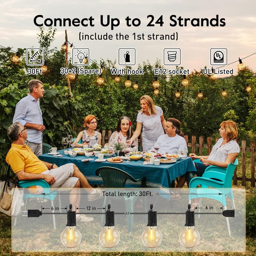 Brightown Outdoor String Lights - Waterproof Globe Patio Lights 30 Ft with 30 G40 Shatterproof LED Bulbs, Connectable Commercial Hanging Light for Backyard, Bistro, Porch, Cafe, Deck, Garden