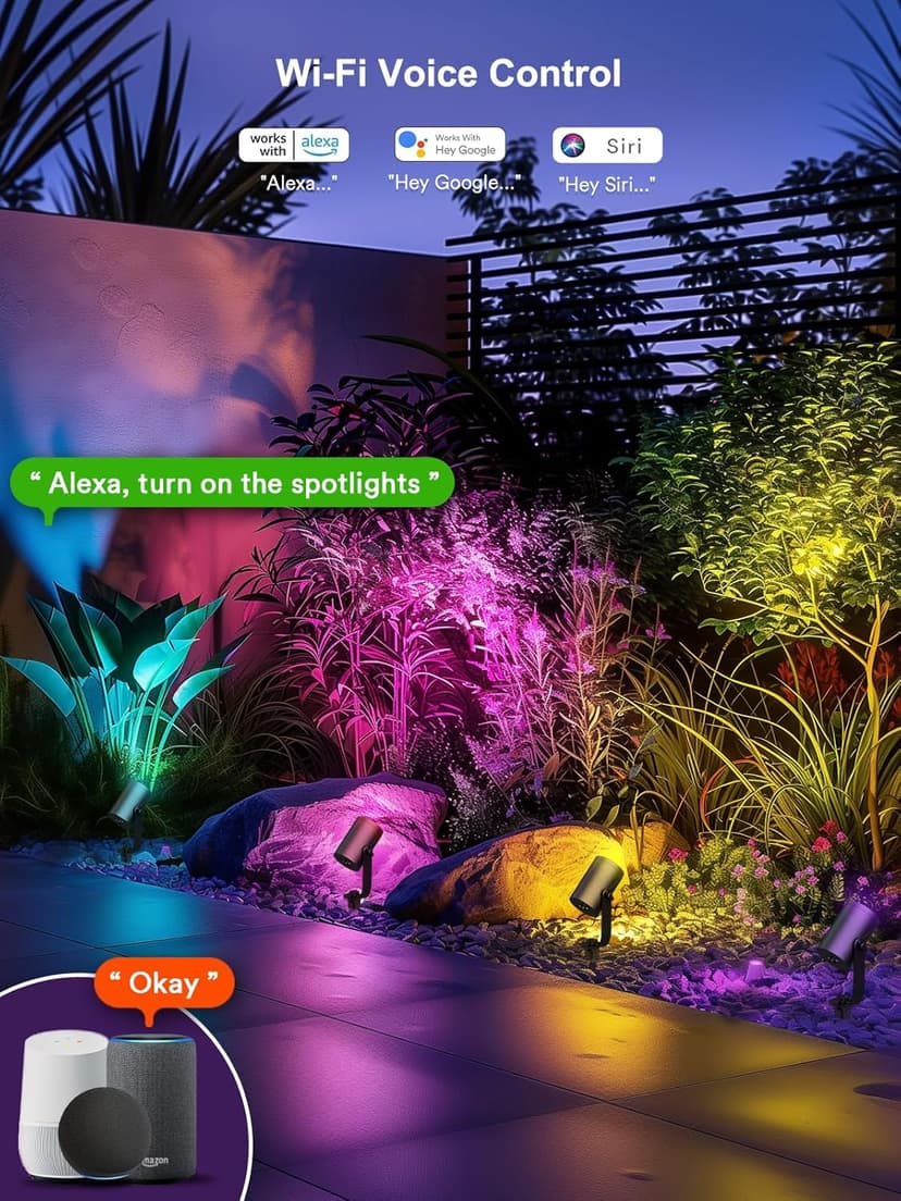 Smart Landscape Spotlights, 4 Pack RGBW Pathway Lights, 2000LM Dimmable, IP65 Waterproof, Compatible with Alexa, Outdoor Decoration