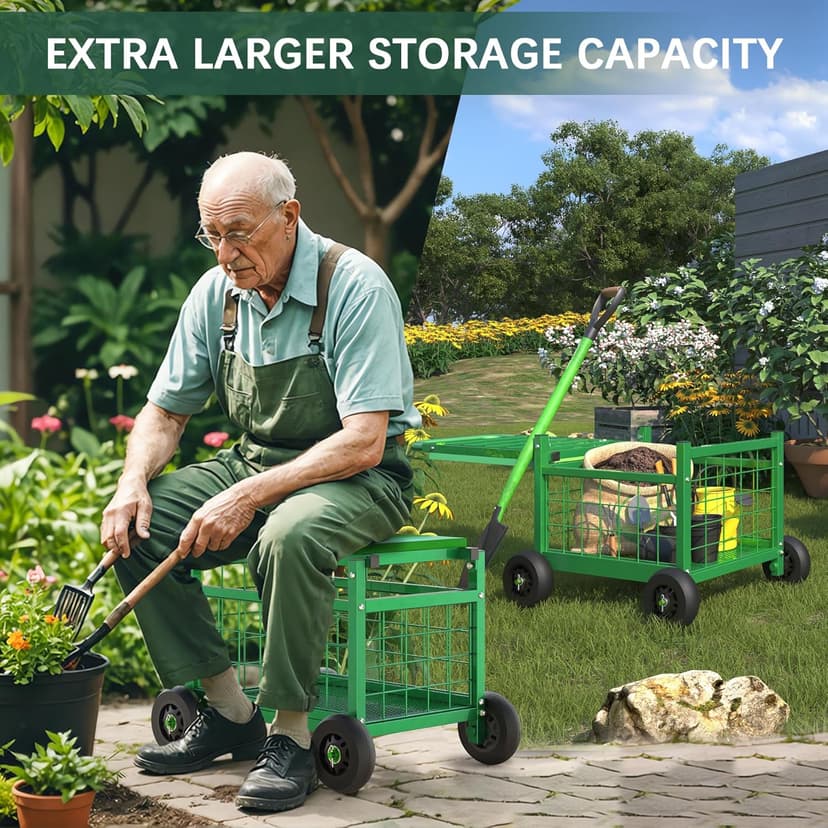 FLINTER Rolling Garden Work Seat with Wheels, Heavy Duty Gardenning Cart with Seat - Garden Rolling Cart Stools w/Wheels for Seniors