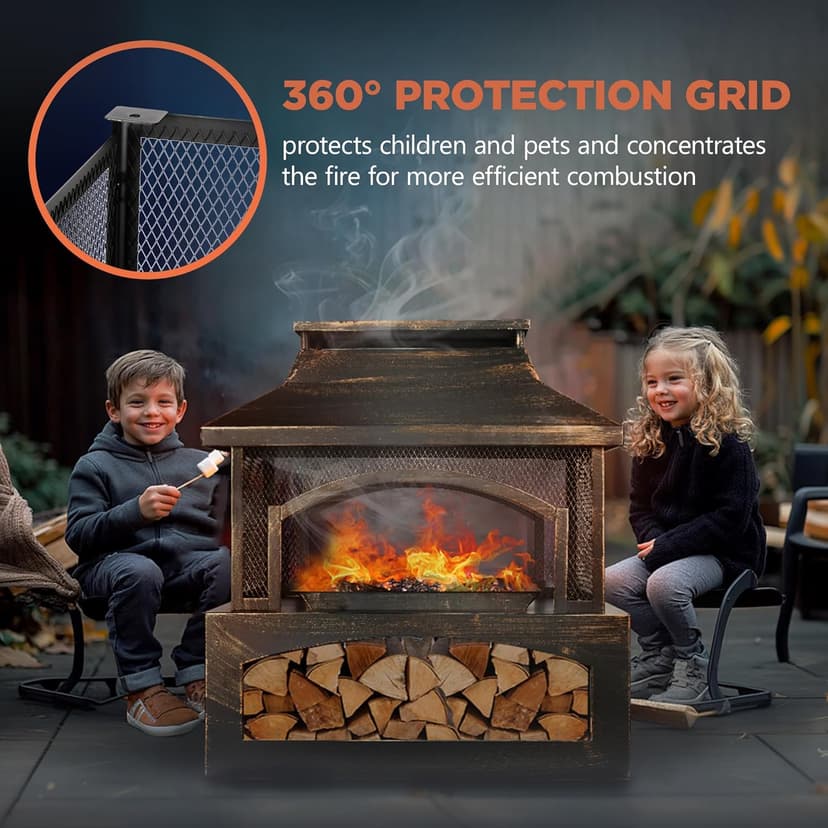 Red Mountain Valley 37" Fire Pits with Wood Storage for Outside, Large Wood Burning Outdoor Fireplace with Chimney, Mesh Spark Screen & Fire Poker, Idea for Backyard, Patio, Party, Camping, Picnic