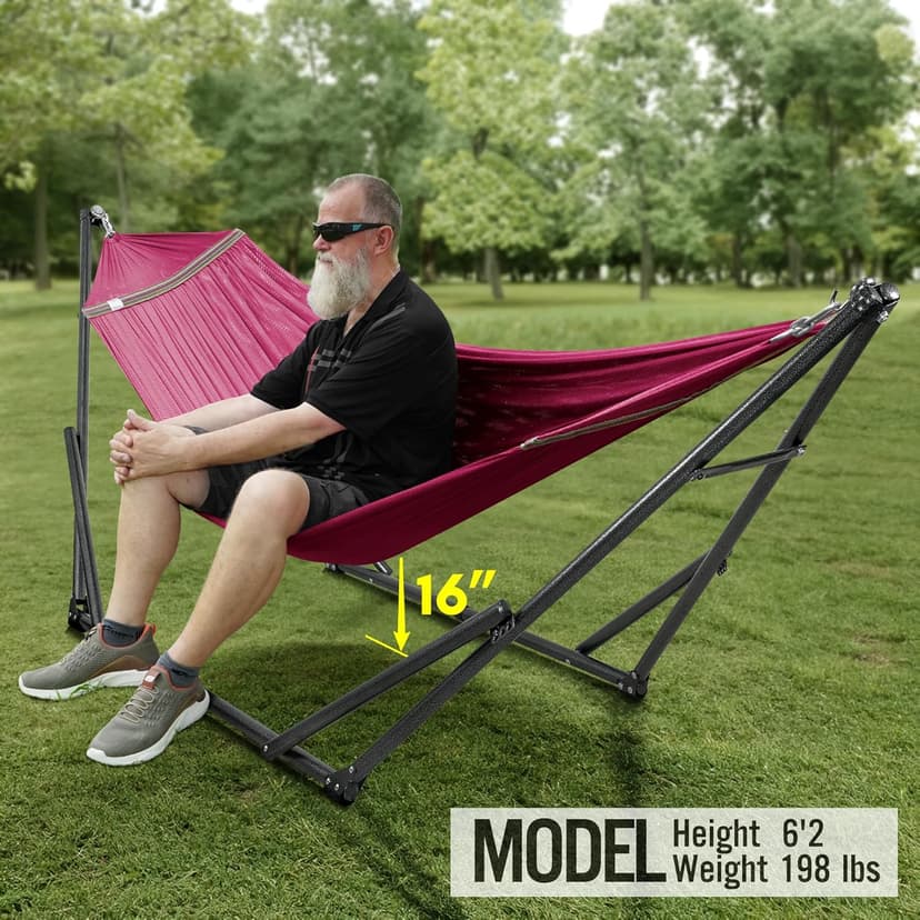 Tranquillo Double Hammock with Stand Included for 2 Persons/Foldable Hammock Stand 600 lbs Capacity Portable Case - Inhouse, Outdoor, Camping, Red