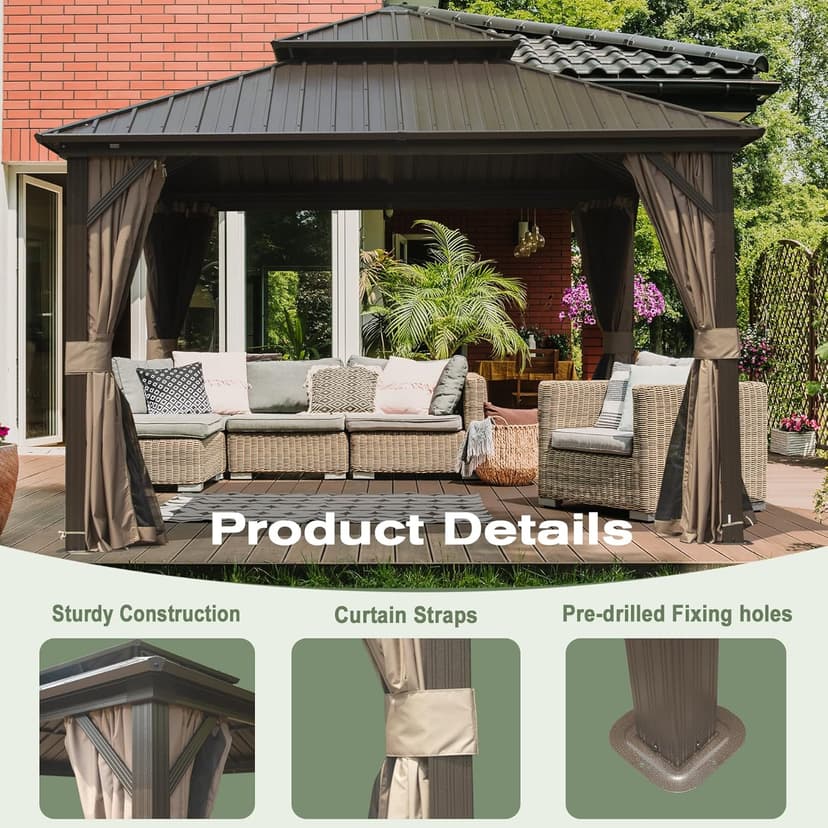Domi 12' x 14' Hardtop Gazebo Permanent Metal Gazebo with Galvanized Steel Double Roof, Curtains and Netting for Party, Wedding, Outdoor Dining, Patio, Backyard, Brown