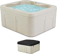 LifeSmart 4-Person Hot Tub, Outdoor Spa with Cover and LED Lights, Square, Beige - Above-Ground Spa Machine with Accessories for Home and Personal Relaxation