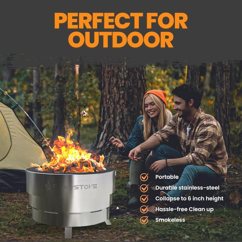 Slinky Stove 23-inch Smokeless Firepit – Lightweight, Compact & Portable with Carry Bag, Collapsible Design for Camping, Backyard Gatherings, Bonfires, and Outdoor Wood-Burning – Stainless Steel