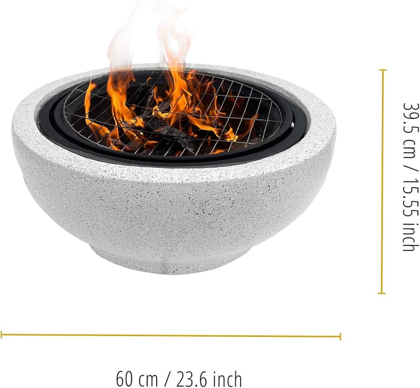 Teamson Home Round Steel Outdoor Fire Pit Outside Wood Burning Firepit Bonfire with Spark Screen, Firebowl, Poker, Stainless Steel Rack, Charcoal Grill for Patio Garden Backyard BBQ, 24 Inch, Gray