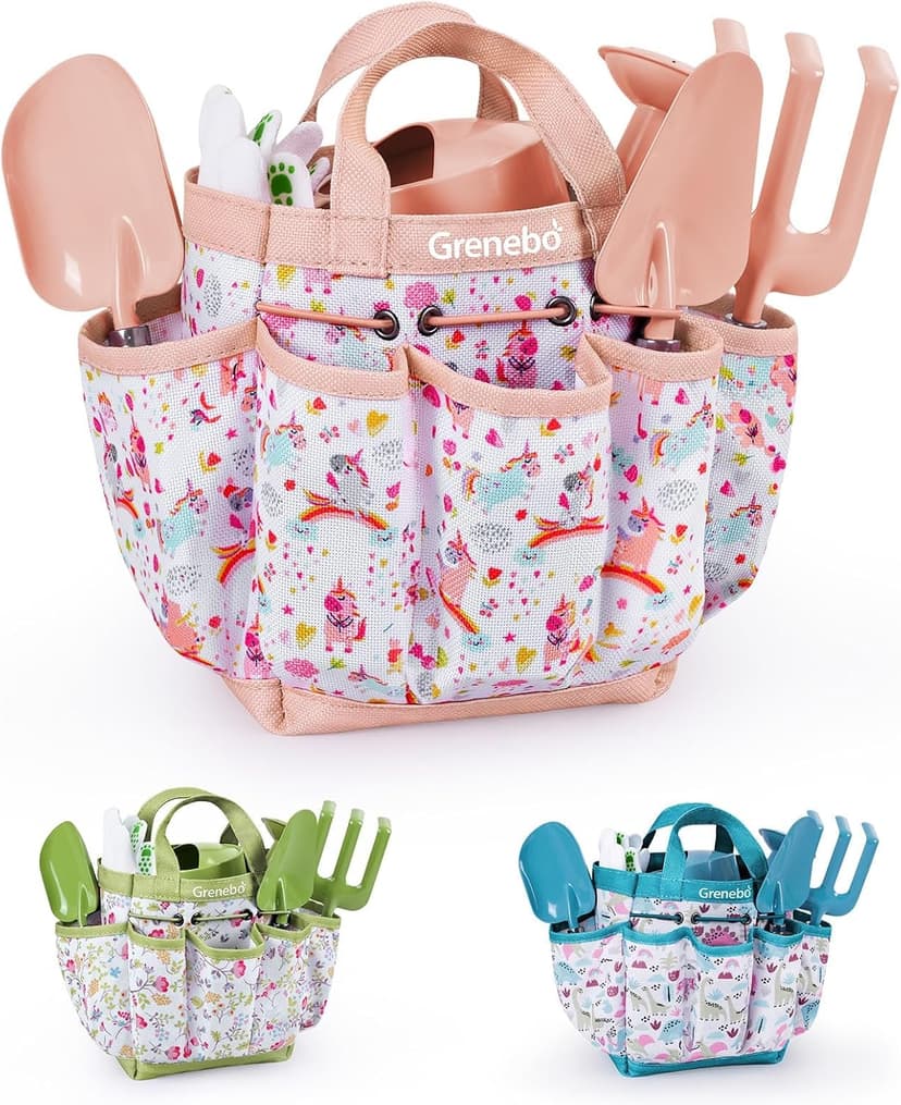 Kids Gardening Set Toys, Quality Garden Tool Kit for Kids and Toddlers, Includes Two Shovels, Garden hat,Rake, Apron,Gloves, Watering Can, and Tool Bag (Pink)