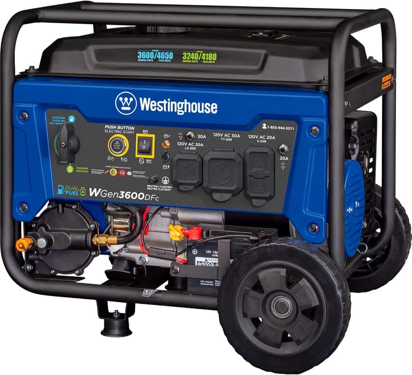 Westinghouse 4650 Peak Watt Dual Fuel Portable Generator, Remote Electric Start with Auto Choke, RV Ready 30A Outlet, Gas & Propane Powered, CO Sensor