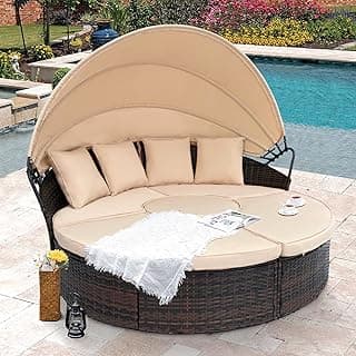 SUNCROWN Outdoor Patio Round Daybed with Retractable Canopy, Brown Wicker Furniture Sectional Couch with Washable Cushions, Backyard, Porch