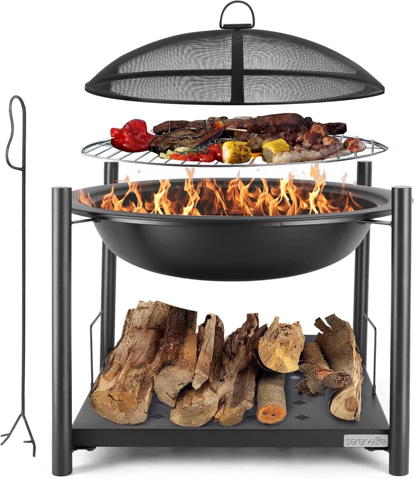 SereneLife 26" Outdoor Wood Fire Pit with BBQ Grill, Mesh Screen, and Wood Storage – Heavy-Duty Steel Frame, Heat-Resistant – Ideal for Bonfires, Camping, and Outdoor Cooking