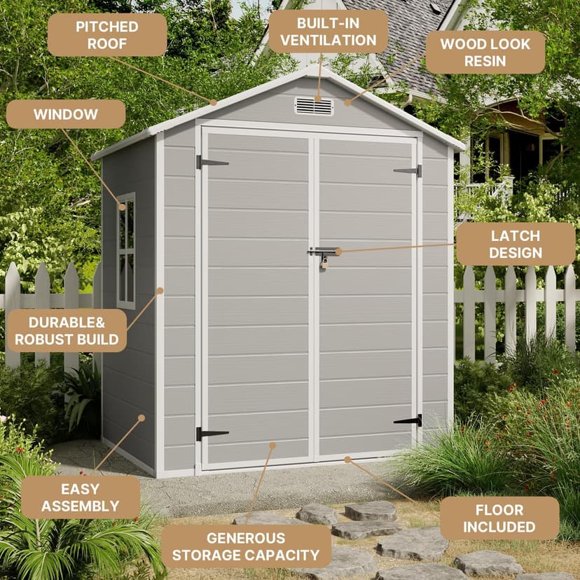 Gizoon 6x4.4 FT Resin Outdoor Storage Shed, Heavy-Duty Weather-Resistant Plastic Garden Shed with Floor for Patio Furniture, Gardening Tools, Lawn Equipment, Lockable Door, Easy Assembly, Grey