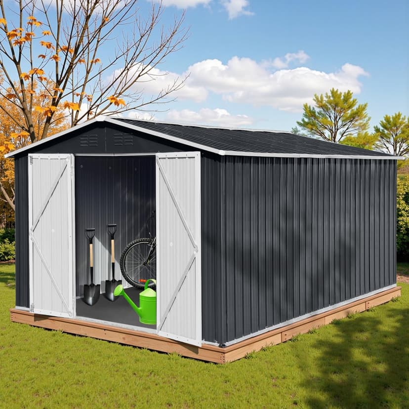 10' x 12' XL Outdoor Storage Shed, Sturdy Metal Building w/Lockable Doors for Garden, Backyard, Poolside and Lawn, Black